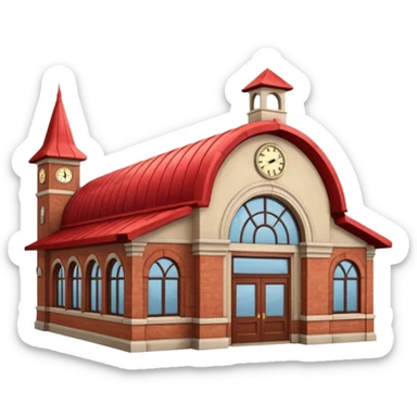 classic train station building with red roof and tracks, no text sticker