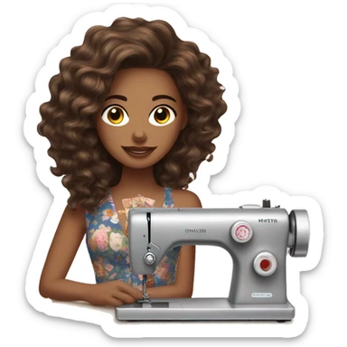 Light skinned women with brunette medium long wavy hair sewing at a sewing machine with fashion illustrations  sticker