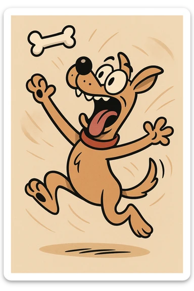 a dog catching a bone in mid-air, energetic style, dynamic and lively sticker