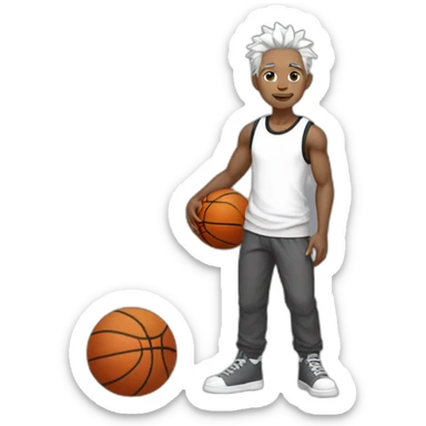 Chinese idol wearing white overalls and gray pants and black T-shirt with white hair holding a basketball in his right hand sticker