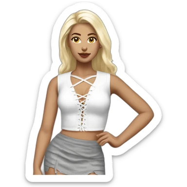 white long straight blonde woman realistic white lace up crop top and grey mini skirt sticker