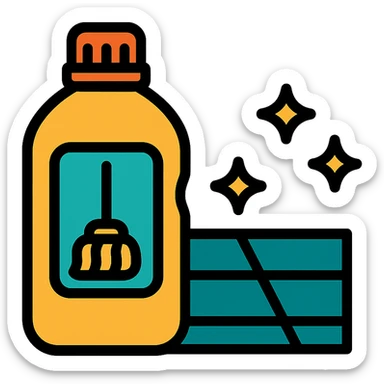 A close-up of a syrup bottle with a mop icon on the label, next to a sparkling floor, modern icon style sticker