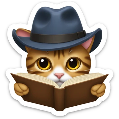 tabby cat reading a book with a fedora sticker