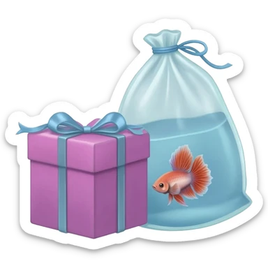 birthday gift box put a  box in pink and blue strap put a betta fish bag and a betta fish inside of the betta fish bag in birthday gift box sticker