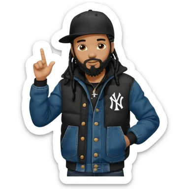 African American man with shoulder length black dreadlocks and black beard wearing a black bubble winter coat with denim skinny jeans and timberland boots and a black New York Yankees baseball hat pointing finger sticker