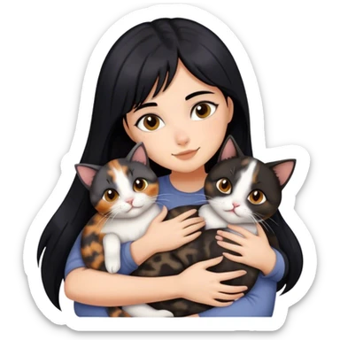 girl with black hair hugging three cats  (tortie cat, dark gray cat, brown calico cat) sticker