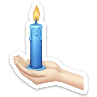 A blue candle held by a hand only not a person, at 45 degree angle, wax dripping down sticker