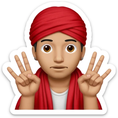 A cholo wearing all red with a red rag on his head holding up four fingers sticker