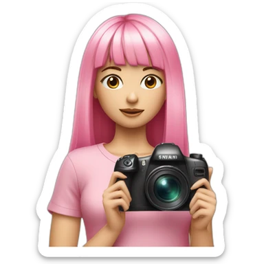 girl with long, straight rose hair with fringe and holding camera and wearing pink, pretty top sticker