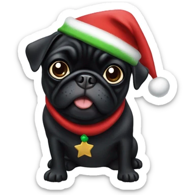 Black pug with a Christmas elf hat sticker