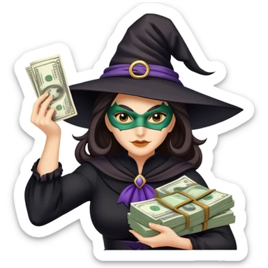 a woman witch a mask flexing money sticker