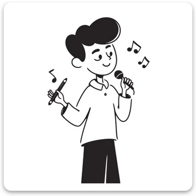excited happy musician smiling, holding a microphone in one hand and a pencil in the other hand sticker
