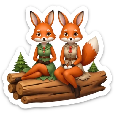 two forest women dressed as fox and rabbit sitting together on log sticker