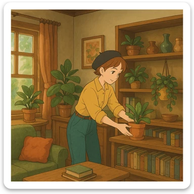 ghibli style interior designer arranging plants and decor in a cozy room sticker