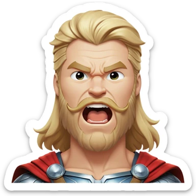 Cinematic Realistic Thor Portrait, head tilted slightly with a dramatic, wide-open yawn, revealing a relaxed yet powerful presence. The natural interplay of light accentuates his muscular contours and tender expression, balancing his legendary might with an unexpectedly human moment of repose. sticker