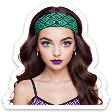 A confident young woman with long, wavy brown hair wearing a black headband. She has striking green eyes and well-applied makeup, including purple-toned eyeshadow, defined eyebrows, and soft pink lipstick. She is dressed in a stylish black and white patterned top, with a neutral-colored background. The lighting is soft and even, casting gentle shadows that highlight her facial features. Her expression is poised and self-assured, looking directly at the camera. sticker