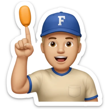 A stocky man with a cap backward, shouting proudly while pointing the foam finger upward. sticker