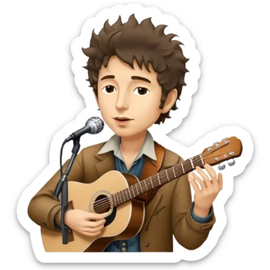 Icon for Folk Music: Bob Dylan with his harmonica and acoustic guitar, performing with his band on stage. The atmosphere should be intimate and nostalgic, capturing the soul of folk music with simple instruments and natural vibes. Transparent background. sticker