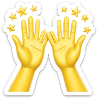 A 3D digital emoji of two yellow cartoon hands doing a joyful high five, palms clapping together in the air, with bright sparkles and motion lines to show excitement and celebration, Apple emoji style sticker