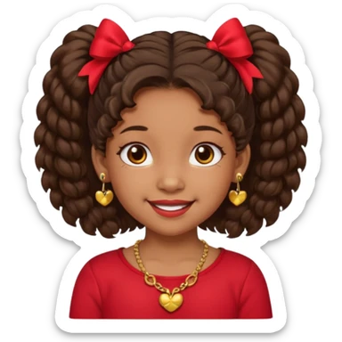 Brownskin girl dark brown hair fluffy. pigtails with red bows brown eyes smiling closed mouth red shirt gold esrrings gold necklace sticker