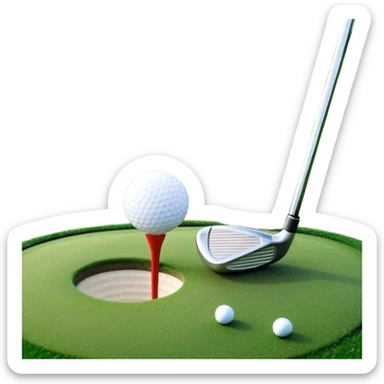 A golf ball on a tee with a golf club placed beside it, set against the backdrop of a well-manicured green golf course. The scene emphasizes the equipment and serene atmosphere of the sport, with soft lighting and a peaceful, open landscape sticker