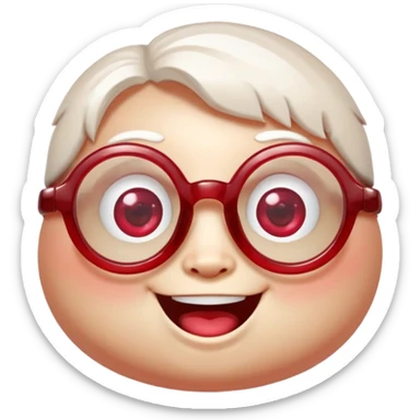 A single chubby crystal gemstone character wearing cute round glasses, chunky and irregular with faceted sides (not egg-shaped), [red], big glossy eyes behind the glasses and a wide happy smile, , high detail, soft lighting, centered on a plain dark background sticker