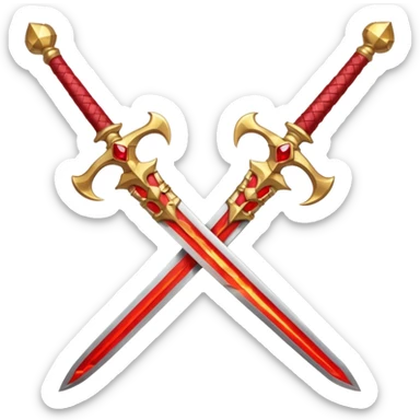 Two crossed swords that are golden in blade and handle and have fiery and royal appearence to them as well as red gem stones sticker
