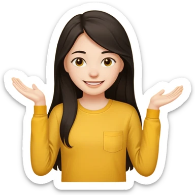 girl using her laptop, long dark hair with no part, white skin and yellow shirt long sleeves, smiling sticker