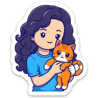 girl with long black curly hair holding a ginger cat sticker