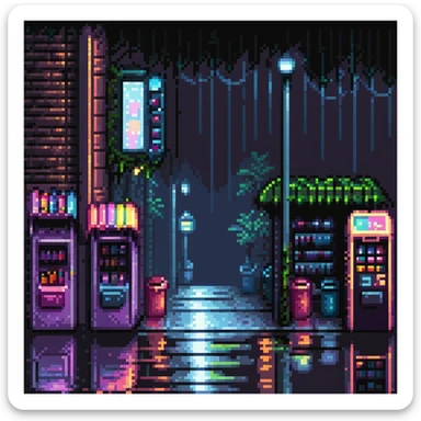 Pixel art urban street at night, side view, neon lights, vending machine, empty sidewalk, moody atmosphere, light rain reflections, trash bins, vertical 9:16 aspect ratio, Sega Genesis fighting game background
 sticker