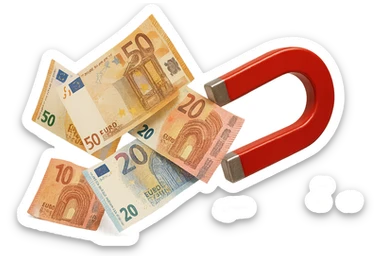 banconote di euro fluttuano vicino ad una calamita rossa, sono attratte, iperrealistico 4k sticker