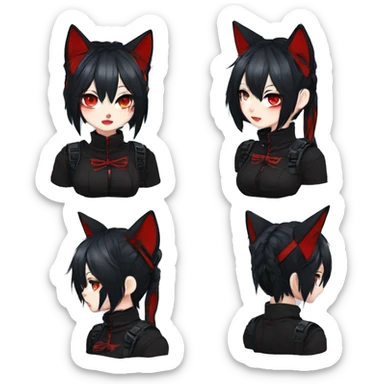 Gorgeous gothic dark techwear anime style anthro cat with blushing face aesthetic and pretty edgy black red punk messy ponytail hair with collar and harness trending style sticker