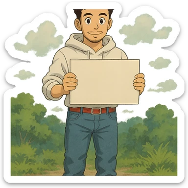 1 male, mid fade haircut dark chestnut brown curly hair, toasted lightskin, white hoodie sleeves up, fashion jeans, red fashion-sneakers shoes, red belt, short trimmed beard and goatee,  style of deku from "my hero academia", pose: holding a blank poster chest level sticker