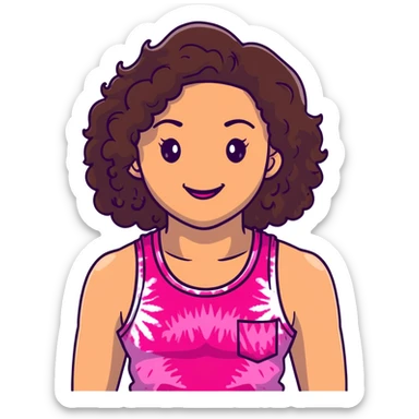 Friendly maternal woman with fair skin, long dark brown curly hair, large almond eyes, full lips, wearing bright pink tie-dye tank top, warm welcoming smile sticker
