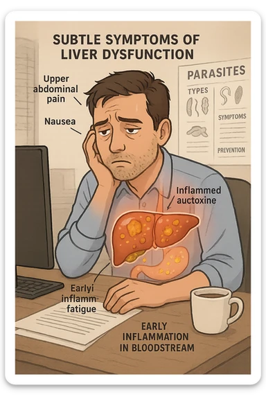 Man sitting at office desk experiencing subtle symptoms of liver dysfunction, upper abdominal pain, nausea, and unexplained fatigue Parasites: Types, Symptoms, Treatment & Prevention, expression of confusion about vague health issues, liver shown in transparent overlay with early inflammation, toxins beginning to accumulate in bloodstream, productivity declining as liver struggles to filter properly sticker