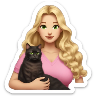 woman with green eyes and long wavy blonde hair and big boobs in a pink shirt is holding a very fluffy and fat black and tortoiseshell cat sticker