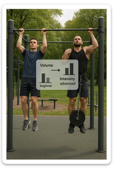 Due atleti fianco a fianco in un parco attrezzato: a sinistra il neofita che fa 10 trazioni leggere con concentrazione, a destra l’atleta avanzato con cintura zavorrata che fa 3 ripetizioni lente e pesanti. Tra loro, grafico sospeso in aria che mostra: 'Volume → neofita | Intensità → avanzato'. Stile realistico con elementi educativi visivi sticker