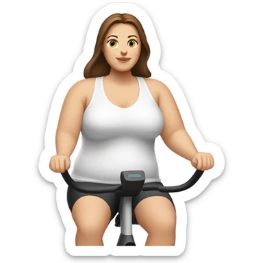 plus size white woman with medium length straight brown hair sitting on an exercise bike sticker