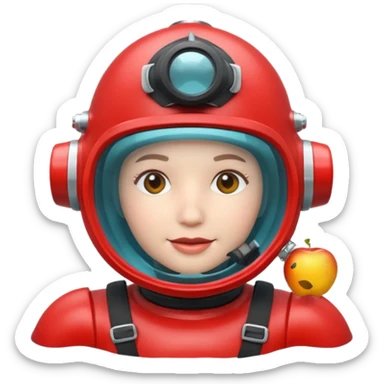 3D cartoon-style human character in the Apple emoji style, wearing a red diving helmet with glass visor sticker