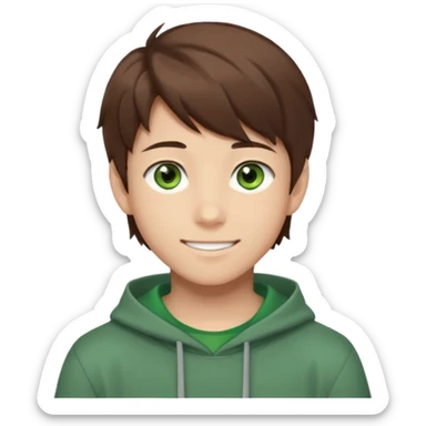 Discord emoji. the face of an Anime asian style teen boy with brown hair, green eyes, looking smiling slightly sideways positioned. Face must be main filling of the frame.  128px sticker