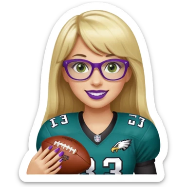 long blonde hair with bangs black rectangle glasses female green eyes football player wearing eagles uniform jersey number 33 holding football smiling purple lipstick sticker