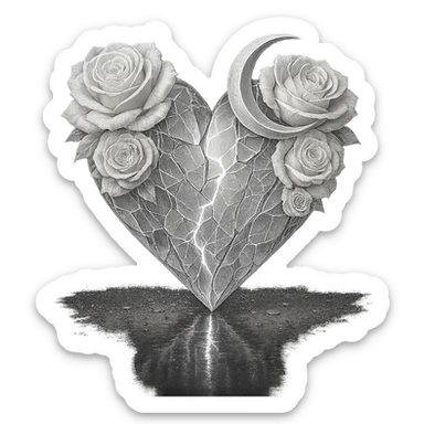 Edit the gothic heart to be formed from splintered deep white glass, silver crescent moon, white roses, sparkling holographic stardust, neon lightning, and a wet, reflective surface. Keep the background transparent. Maintain the gothic heart style and transparent background. sticker