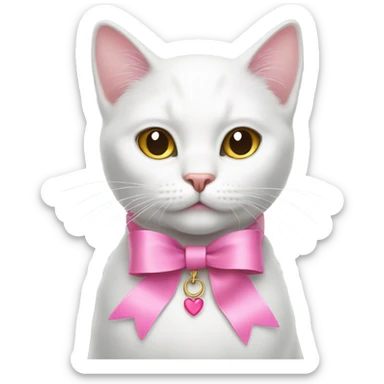white cat wearing pink ribbon as collar sticker