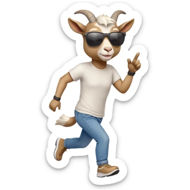 friendly anthropomorphised goat in jeans and a t-shirt, wearing dark sunglasses, jogging upright in standard pose sticker