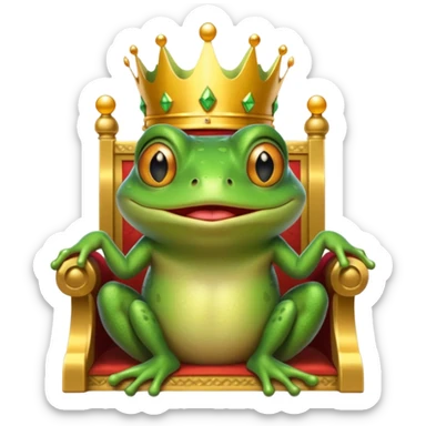 A frog wearing a crown, confidently sitting on a golden throne, portrait, bust up sticker