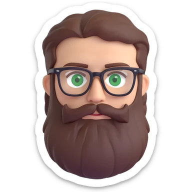 white male mid 30s green eyes black square glasses long brown beard with short brown hair sticker