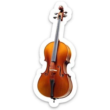 Create a refined and detailed emoji representing a Cremona cello with a bow. The design should feature the smooth, polished wooden body of the cello with a deep, rich tone color. The strings and tuning pegs should be visible, emphasizing the instrument's fine craftsmanship. Add a delicate bow placed gently across the strings, with intricate detailing on the hair and frog. Include subtle musical notes around the cello to evoke the graceful, classical sound. Use warm wood tones and accents like gold and silver for a professional, elegant look. The background should be transparent. sticker