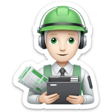 human like robot bookkeeper wearing an Green accountant visor  and holding spreadsheets sticker