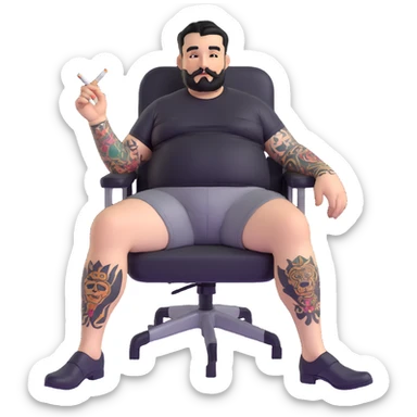 Large man reclining in chair, legs spread showing tattooed left calf, smoking a cigarette, round face, very short black hair, well-groomed beard with small mustache, light skin, black t-shirt with light stripes at top riding up to show belly, black shorts, arms and left calf covered in matching black graphic tattoo patterns sticker