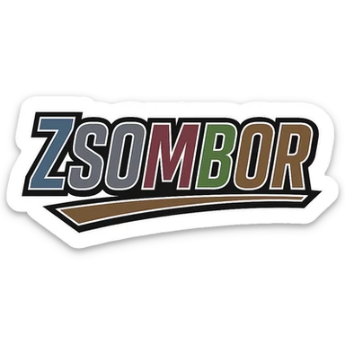 Text image of the name 'Zsombor' in a masculine, modern font with gradient colors (blue, gray, burgundy, green, brown), precise Hungarian characters, dark contour, extra thick, prominent white letter border, dynamic slanted underline, 1000x1000 px, PNG, transparent background. sticker